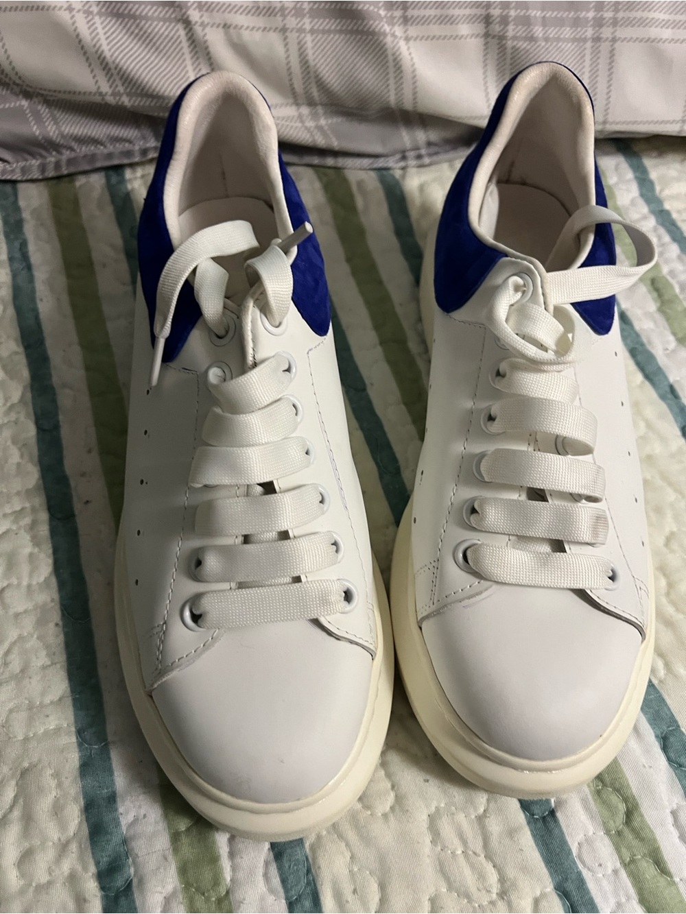 Alexander McQueen White Leather Oversized Sneakers with Paris Blue Accent